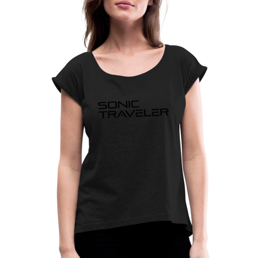 Women's Roll Cuff Logo Tee - Black on Black - black