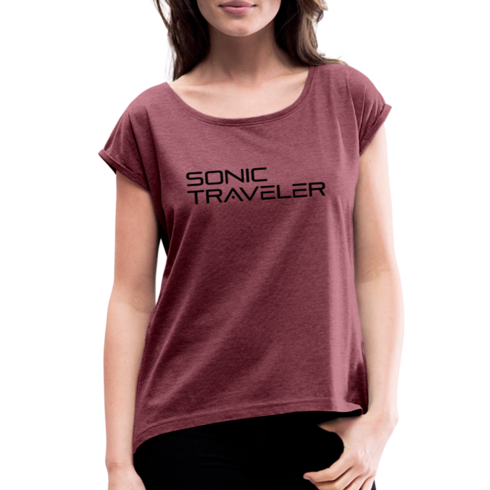 Women's Roll Cuff Logo Tee - Black on Black - heather burgundy